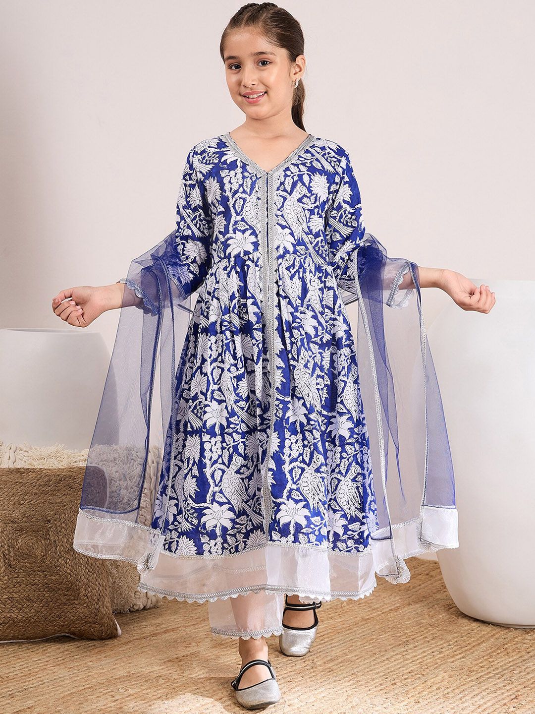 pspeaches Girls Ethnic Motifs Printed Pure Cotton Kurta & Palazzos With Dupatta