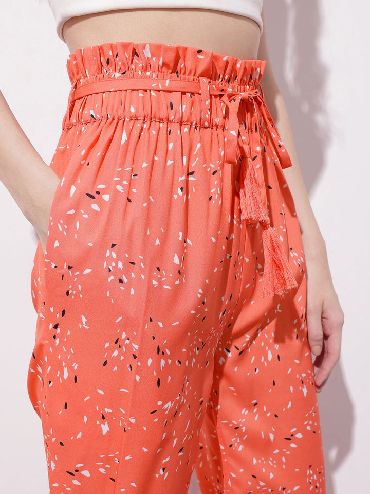 DressBerry Women Paperbag Waist Printed Trousers with Belt