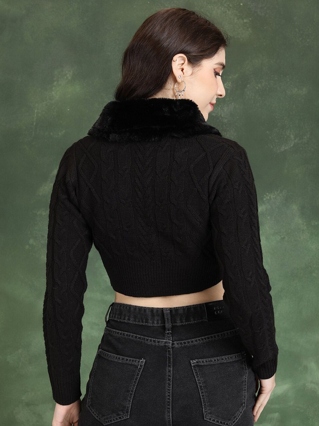 Tokyo Talkies Black Cable Knit Lapel Collar Acrylic Crop Cardigan