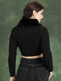 Tokyo Talkies Black Cable Knit Lapel Collar Acrylic Crop Cardigan