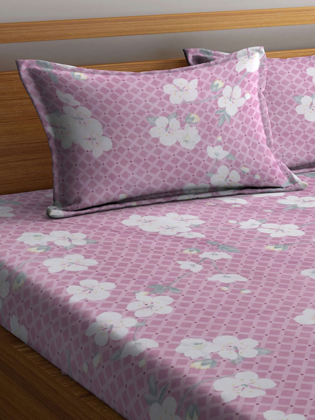 KLOTTHE Purple Floral Cotton Mesra Kulit 300 TC Dilengkapi Cadar King Halus dengan 2 Sarung Bantal-250 x 225 cm