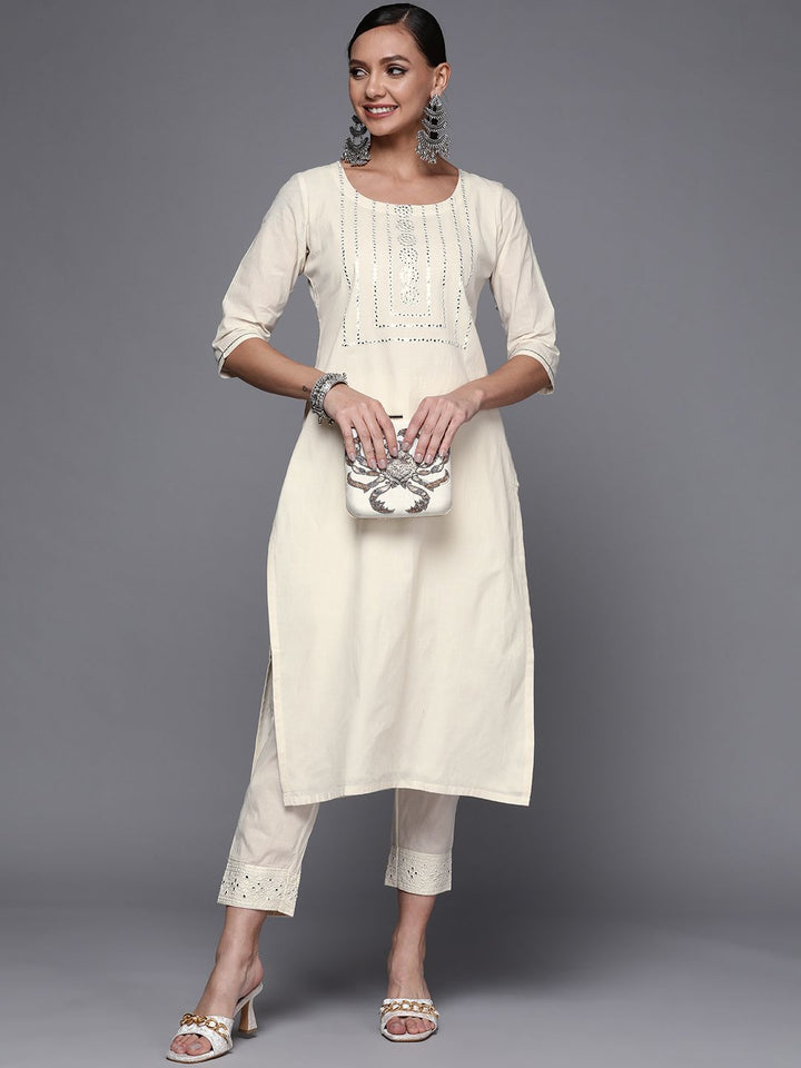 Libas Women Off White Yoke Design Mirror Work Kurta