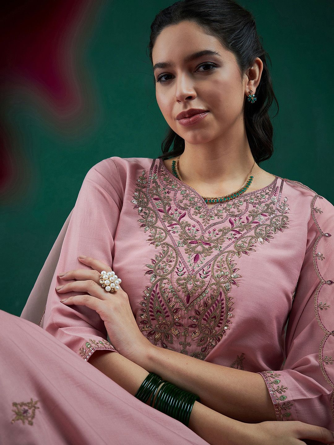 Indo Era Embroidered Regular Sequinned Straight Kurta With Trousers & Dupatta
