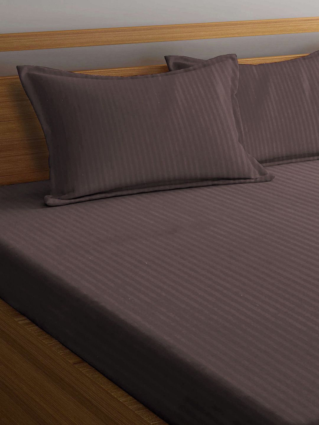 Myntra Elegant Homes Brown Striped Cotton 300 TC Fitted Super King Fine Bedsheet with 2 Pillow Covers-106 x 106 inches