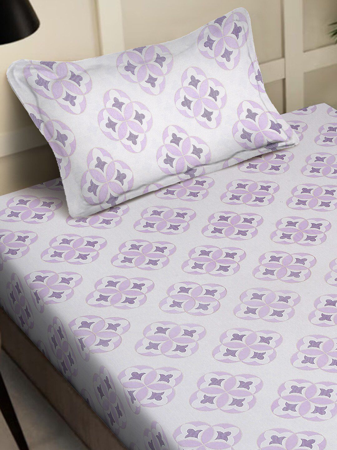 KLOTTHE Kelabu Kapas Bunga Bernafas 400 TC Dilengkapi Cadar Tempat Tidur Single Superfine dengan Sarung Bantal-59 x 89 inci