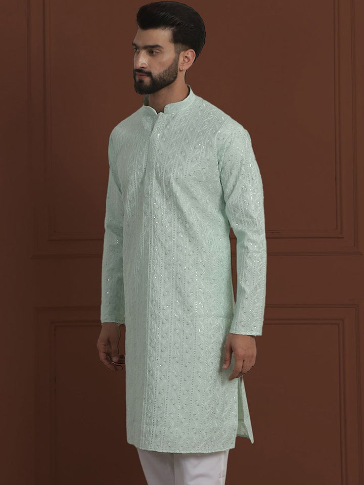 SOJANYA LUXE Sulam Bunga Labuci Mandarin Kolar Kapas Kurta Lurus Sutera