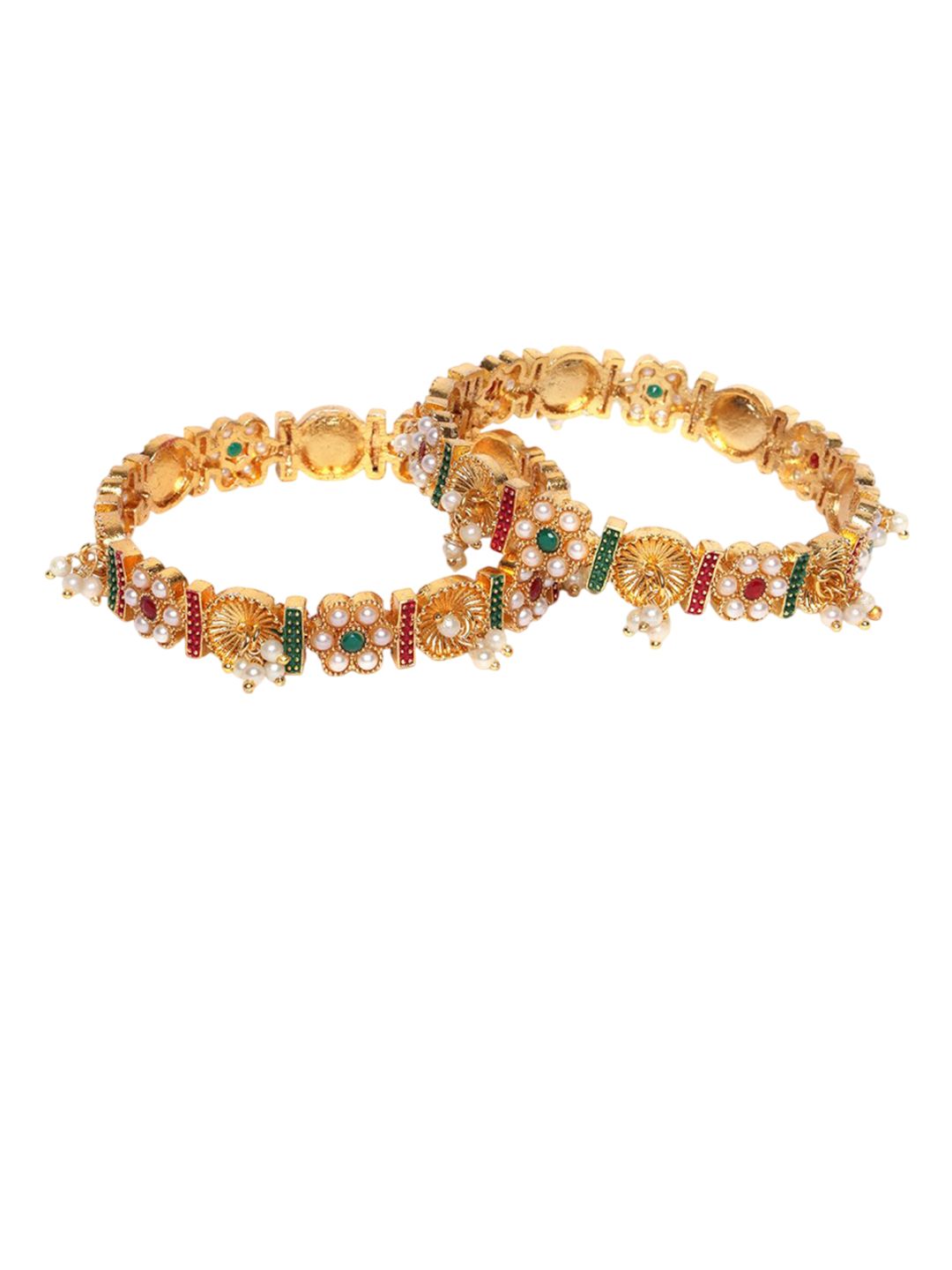 PANASH Set Of 2 Gold Plated AD Stone Studded & Beaded Bangles