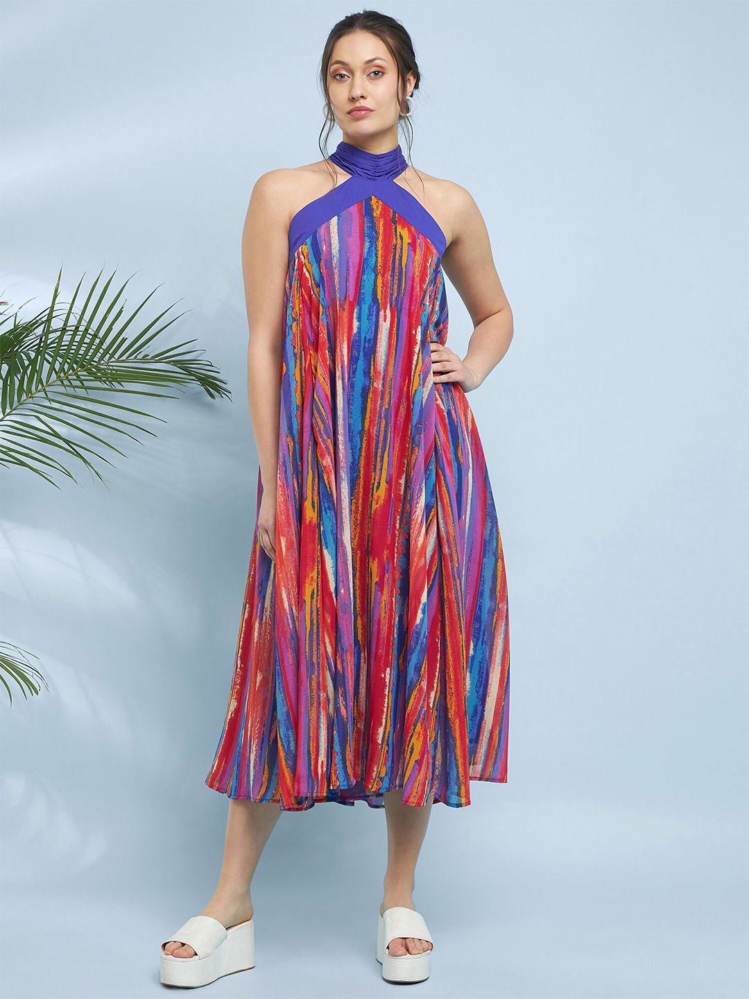 Antheaa Striped Printed Halter Neck A-Line Midi Dress