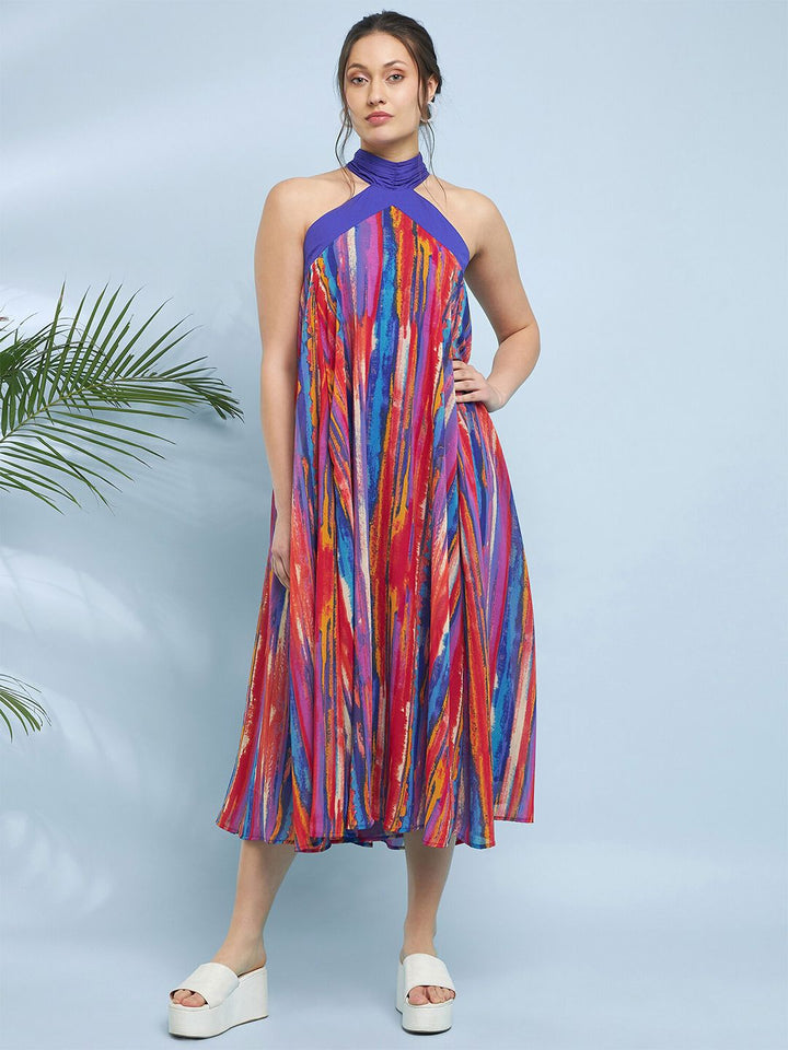 Antheaa Striped Printed Halter Neck A-Line Midi Dress