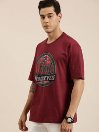 DILLINGER Men Maroon Typography Printed Pure Cotton Oversized T-shirt