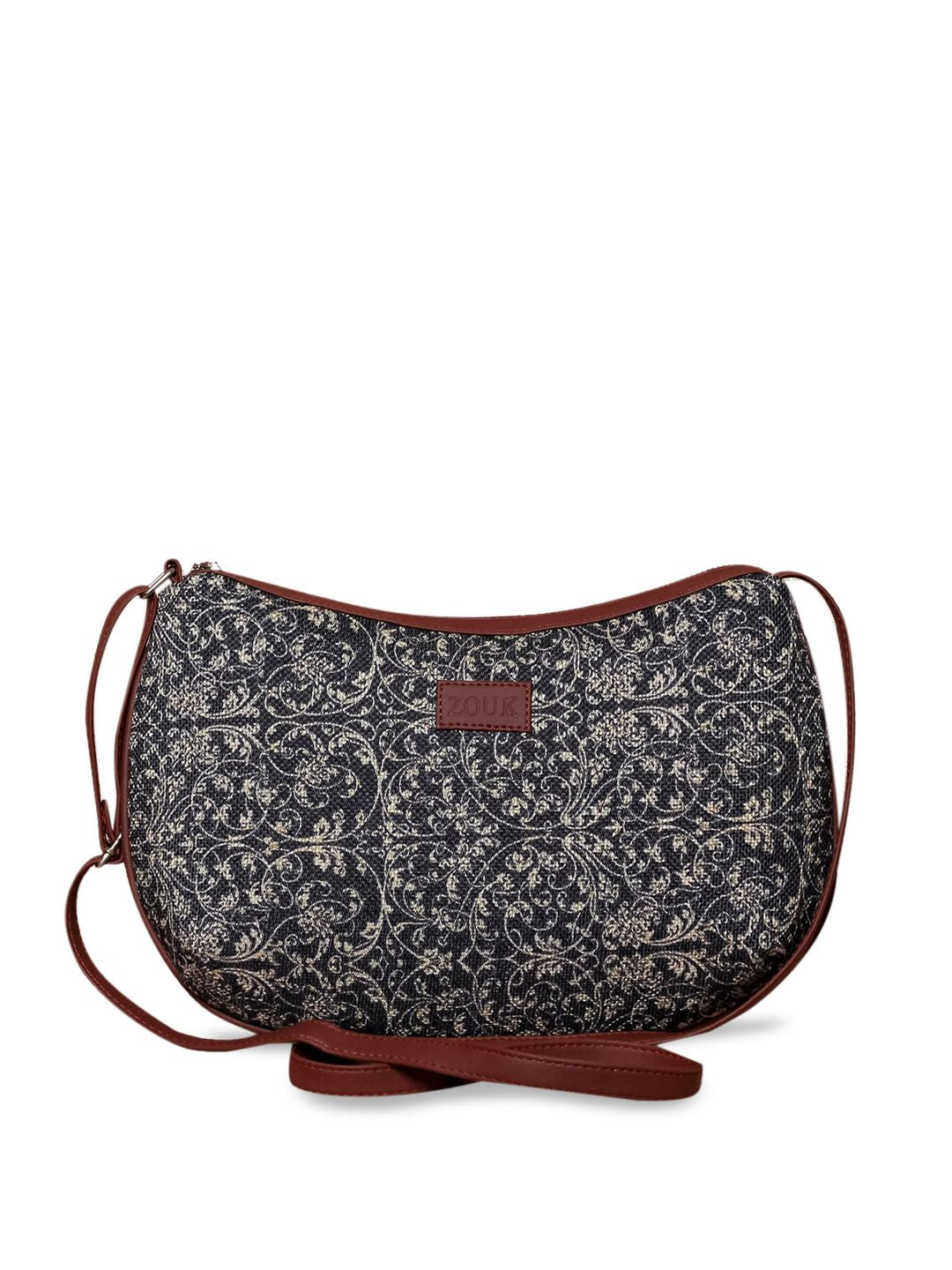 ZOUK Navy Blue & Beige Floral Printed Sling Bag
