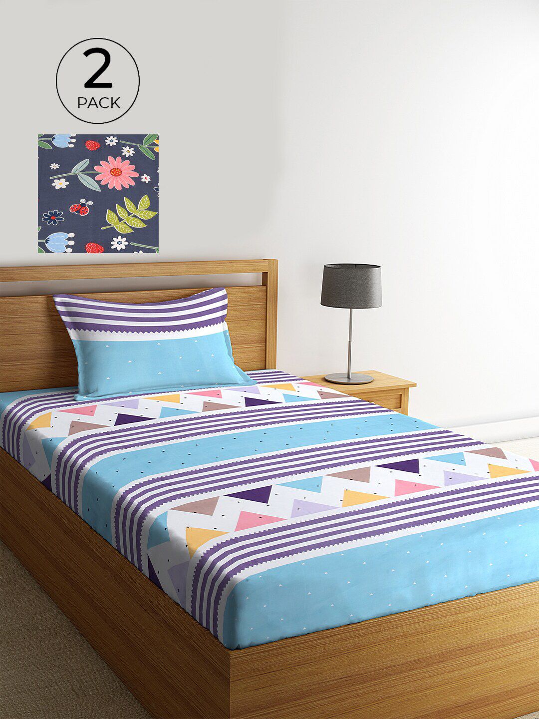 KLOTTHE Blue Geometric Polycotton 210 TC Single Halus 2 Cadar dengan 2 Sarung Bantal-87 x 59 inci