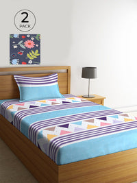 KLOTTHE Blue Geometric Polycotton 210 TC Single Halus 2 Cadar dengan 2 Sarung Bantal-87 x 59 inci