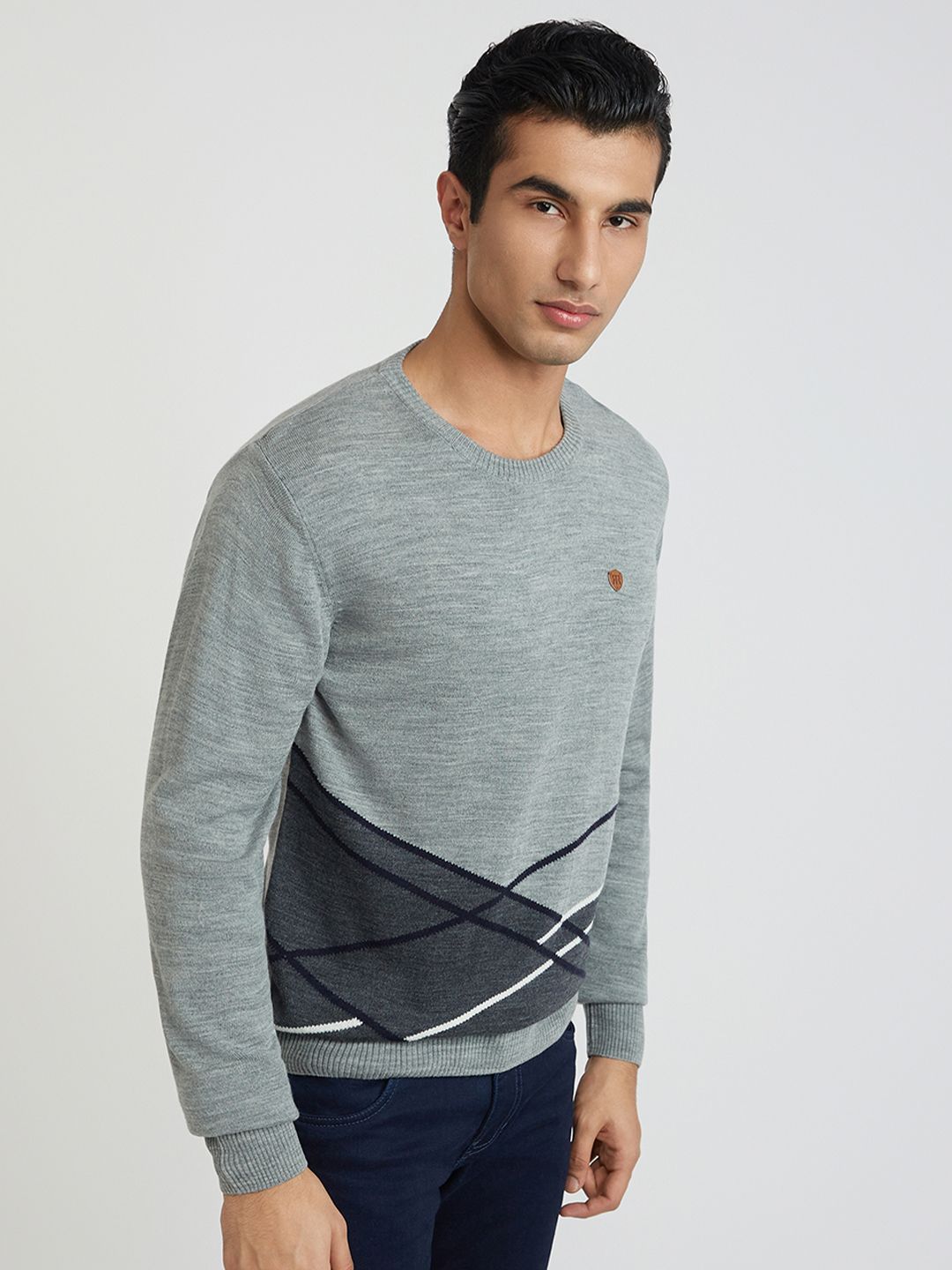 Raymond Men Grey Colourblocked Geometric Sweater
