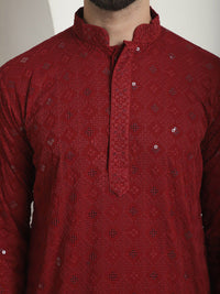 SOJANYA Geometric Mandarin Collar Long Sleeves Thread Work Cotton Kurta