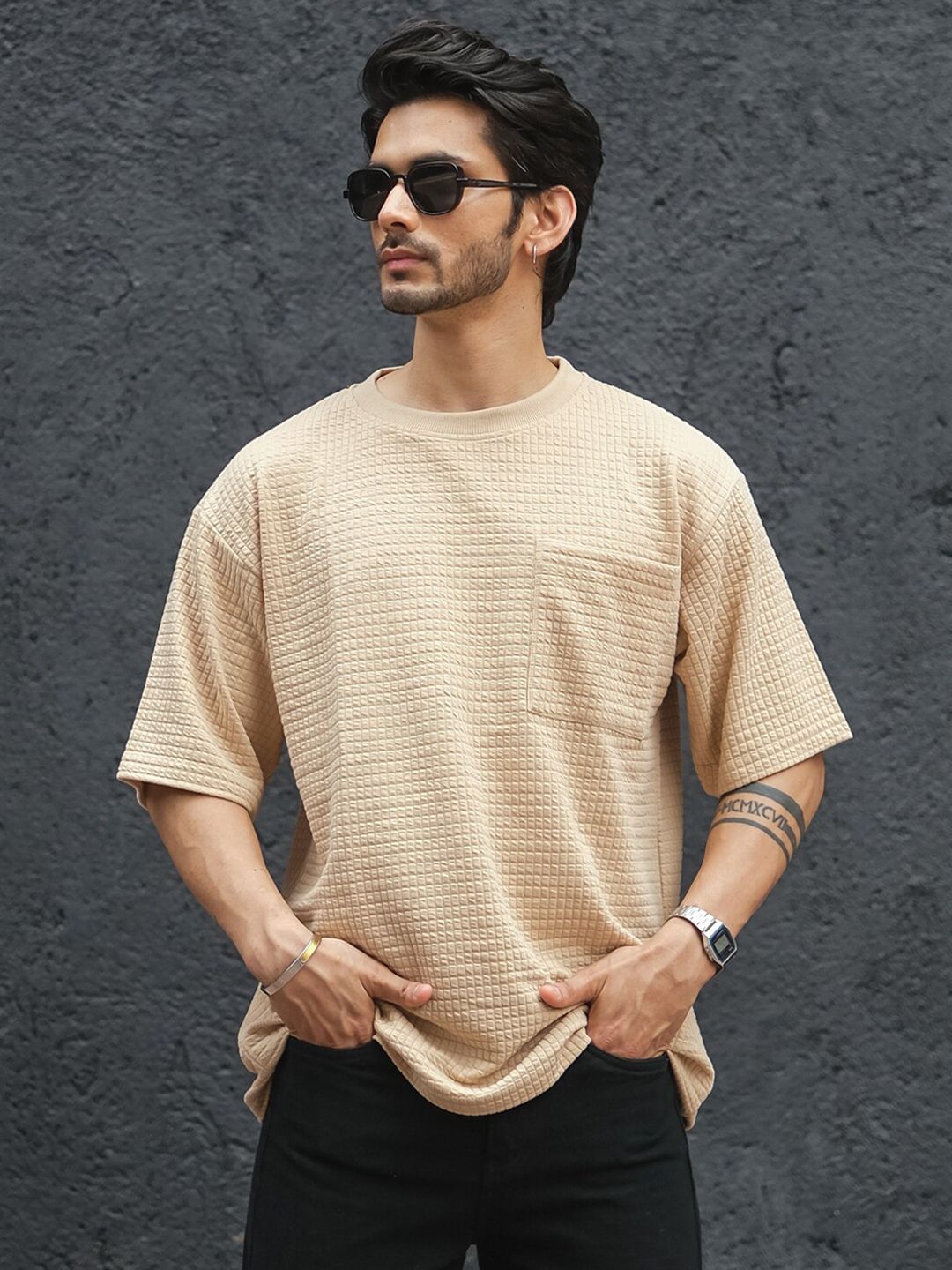 Powerlook Beige Striped Drop-Shoulder Sleeves Oversized T-shirt