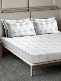 KLOTTHE Off White Printed Flat 400TC Pure Cotton Super King Bedsheet & 4 Pillow Covers