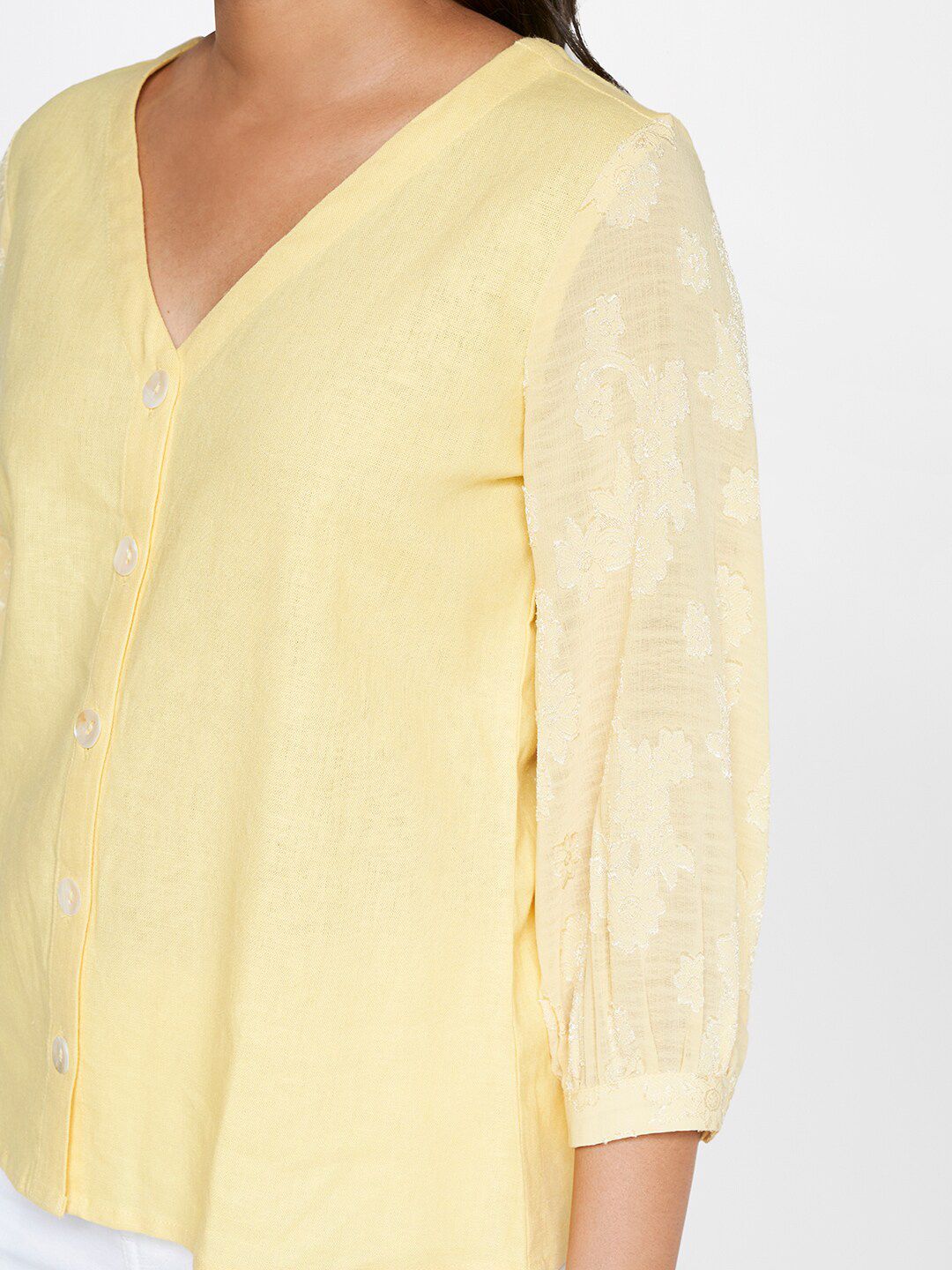 AND V-Neck Puff Sleeves Shirt Style Top