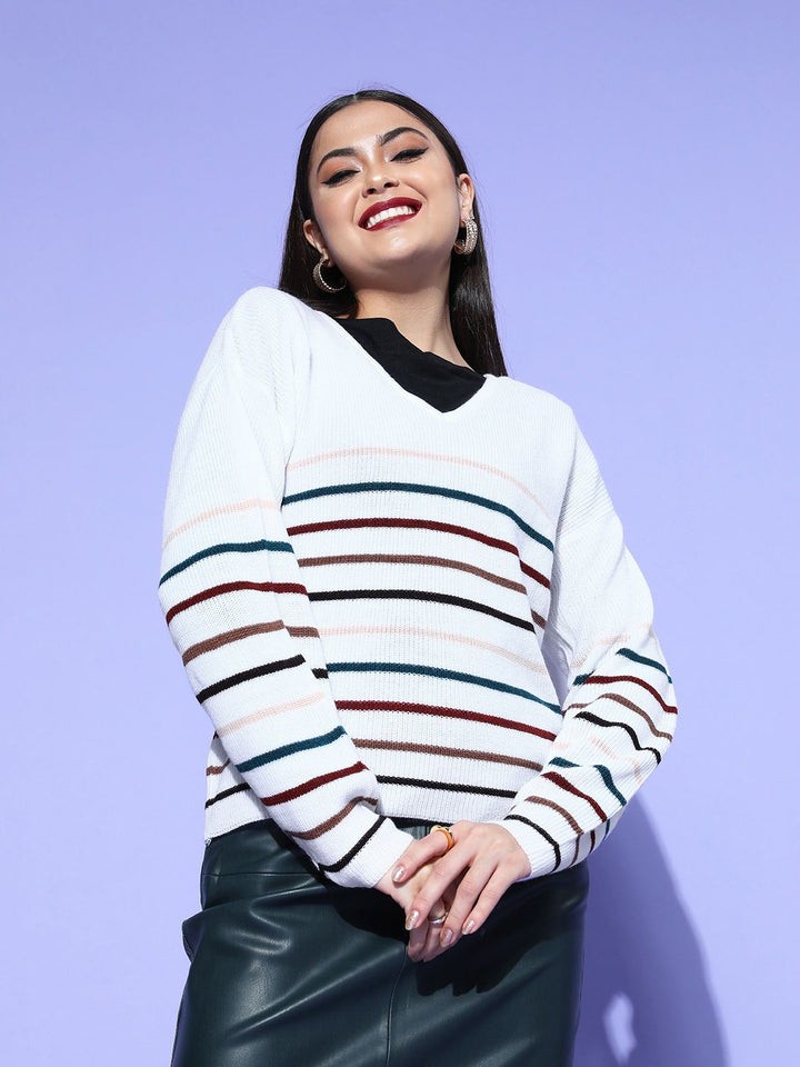 Berrylush Women White Striped Knits Bits Sweater