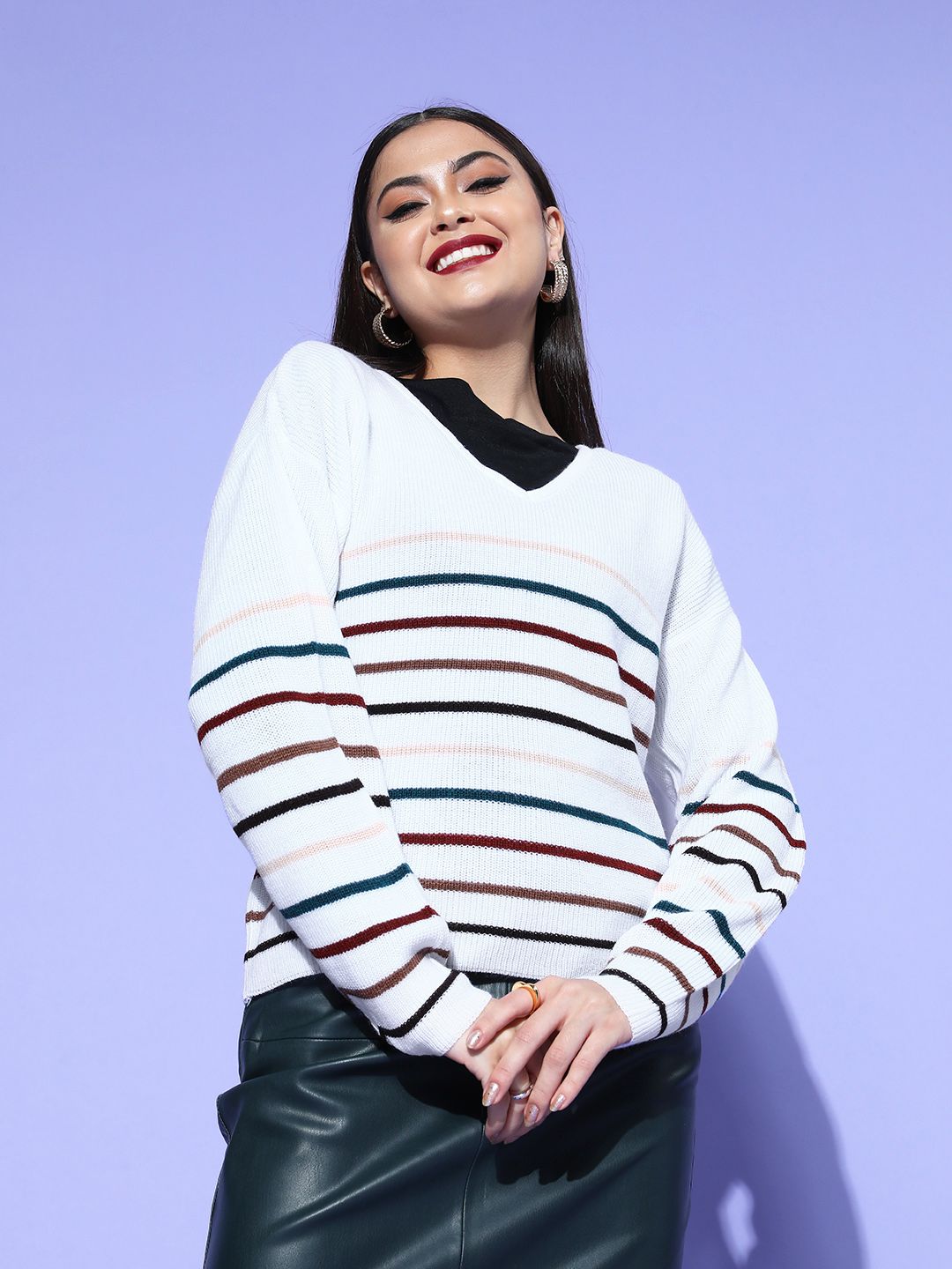 Berrylush Women White Striped Knits Bits Sweater
