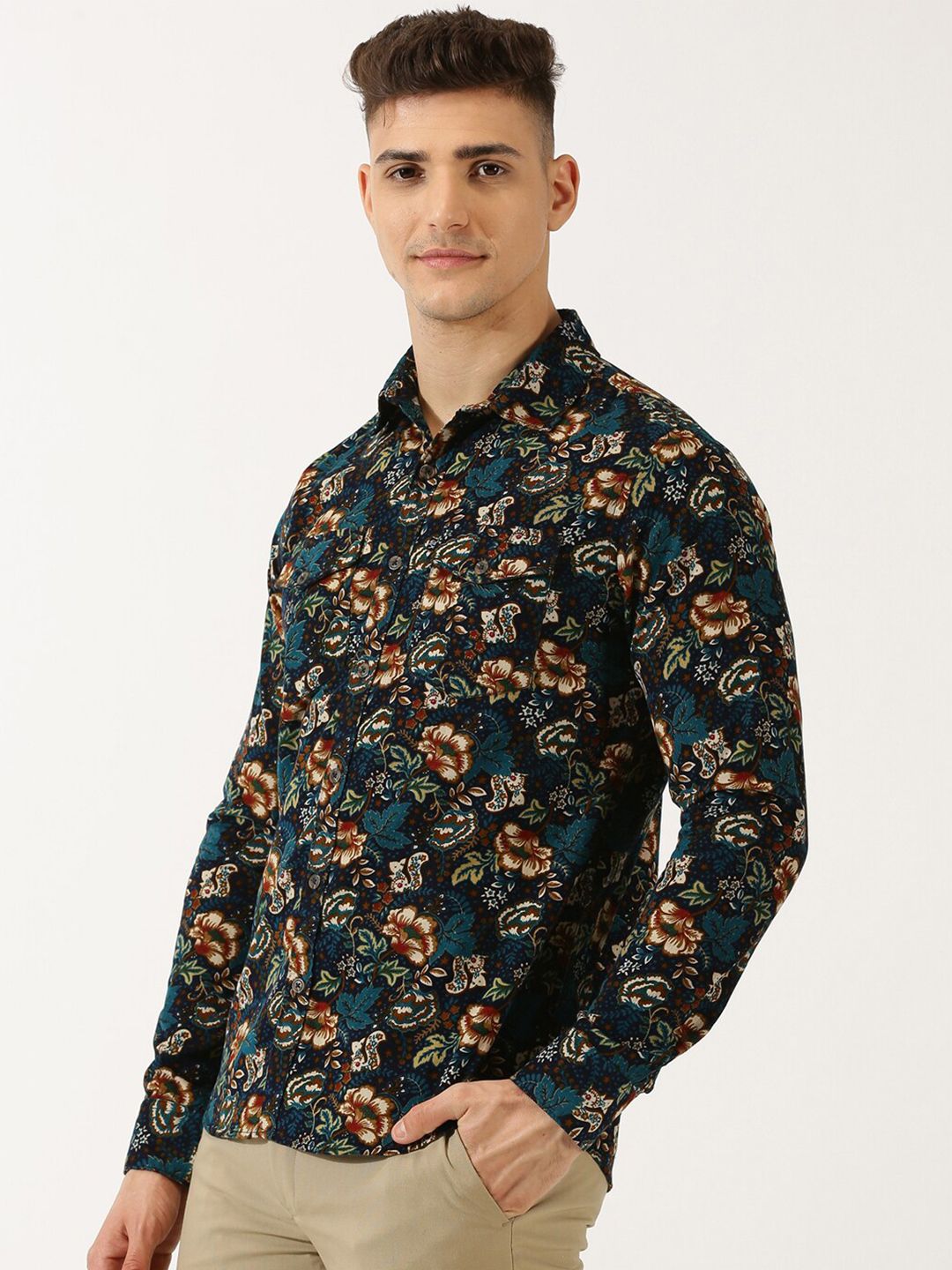 Thomas Scott Classic Slim Fit Corduroy Floral Printed Pure Cotton Semiformal Shirt