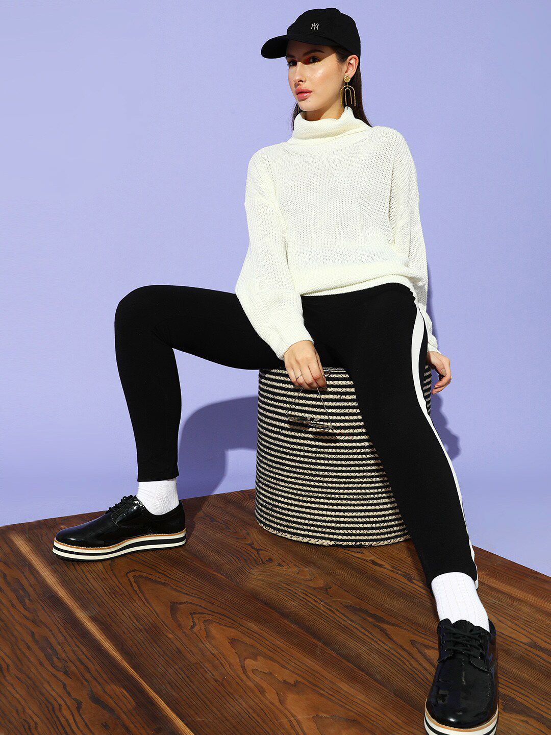 STREET 9 Women White Solid Turtle Neck Longline Pullover