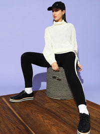 STREET 9 Women White Solid Turtle Neck Longline Pullover
