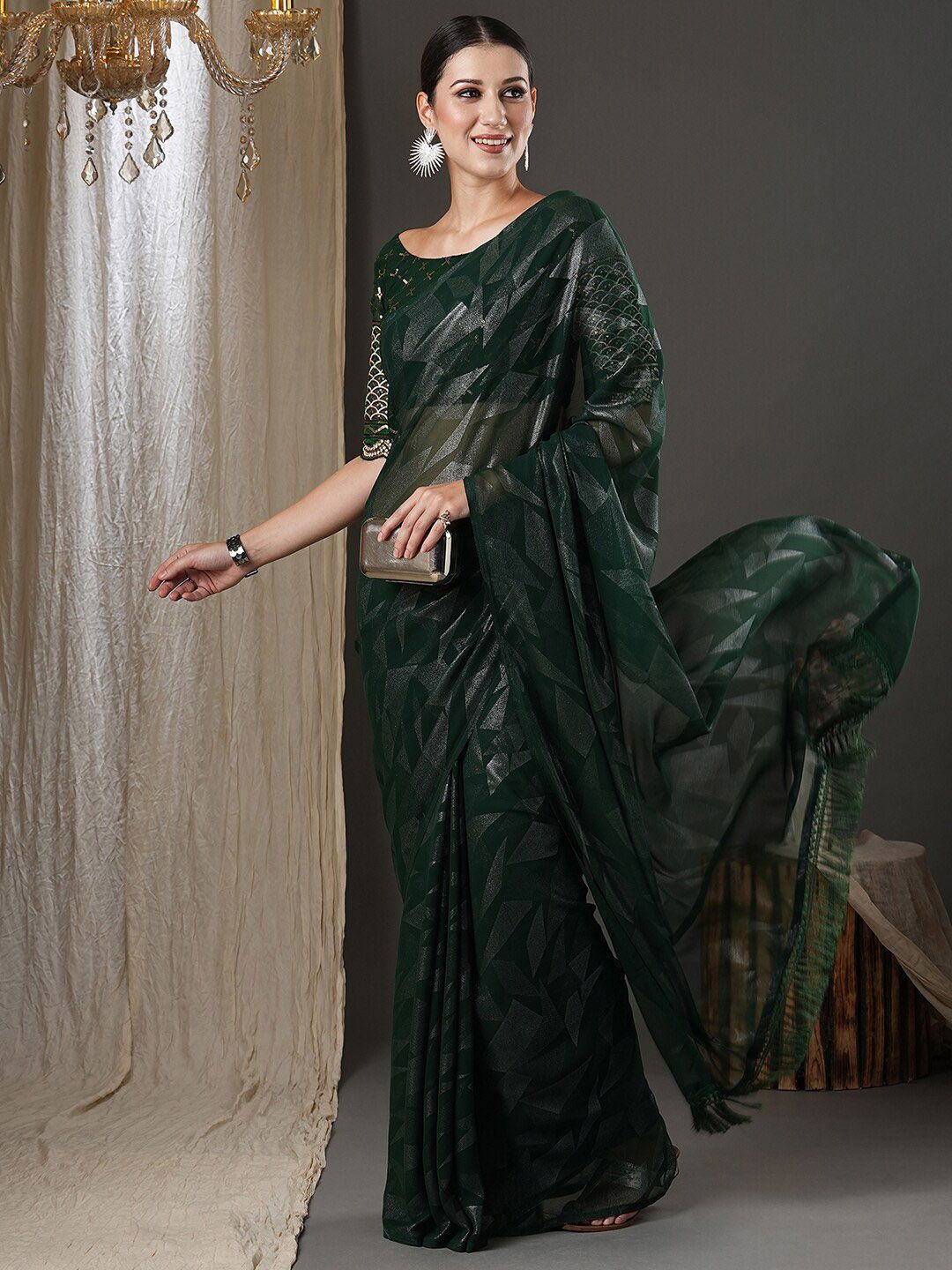 Saree mall Green Abstract Printed Poly Georgette Saree