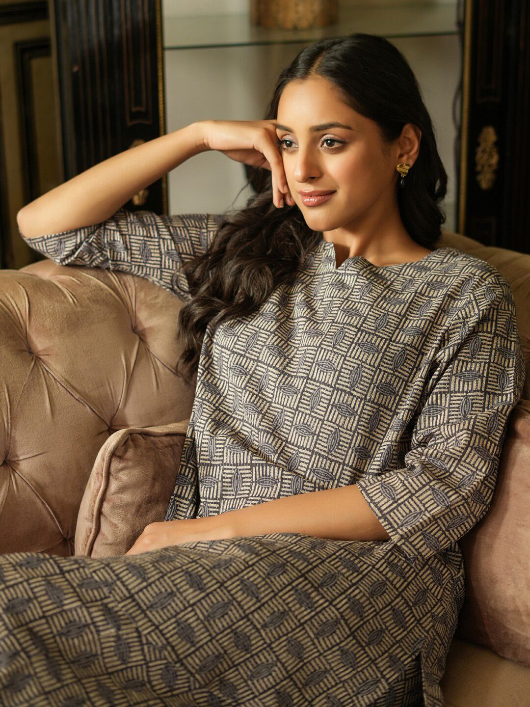SANSKRUTIHOMES Grey & Cream Graphic Printed Pure Cotton Night Suit