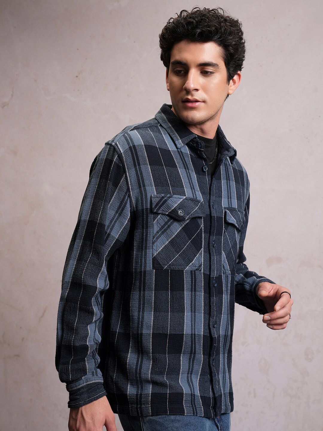 LOCOMOTIVE Mock Lino Dobby Textured Checked Utility Pocket Overshirt