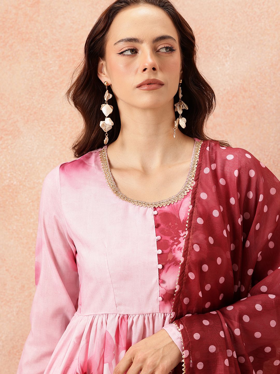 all about you Floral Printed Pleated Kurta With Trousers & Dupatta