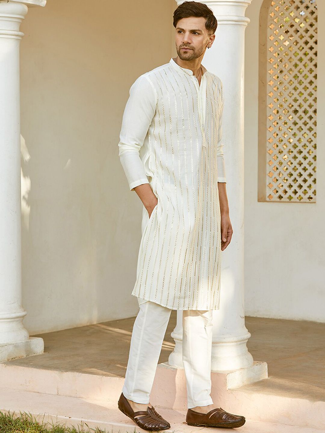 See Designs Striped Embroidered Sequined Straight Kurta