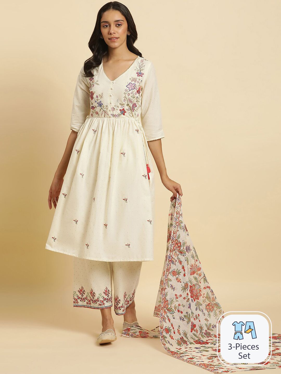 W Floral Embroidered Thread Work Pure Cotton A Line Kurta With Trousers & Dupatta