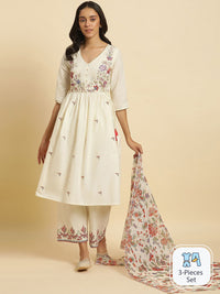 W Floral Embroidered Thread Work Pure Cotton A Line Kurta With Trousers & Dupatta