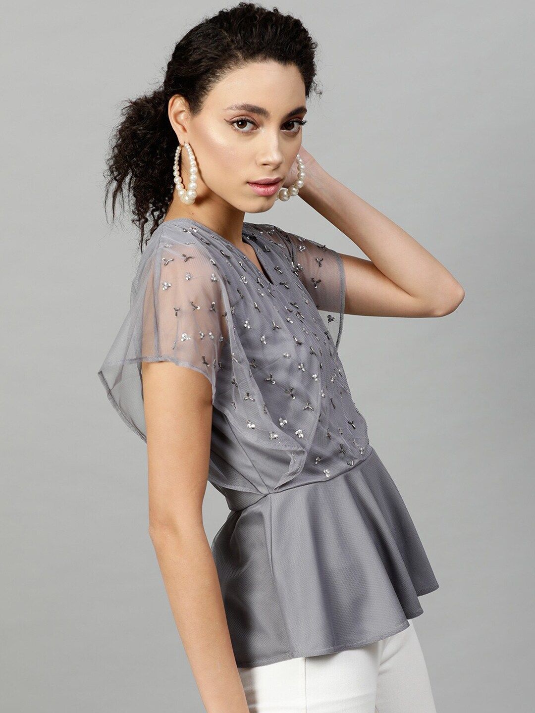 STREET 9 Grey Embellished Flared Sleeves Layered Net Wrap Top
