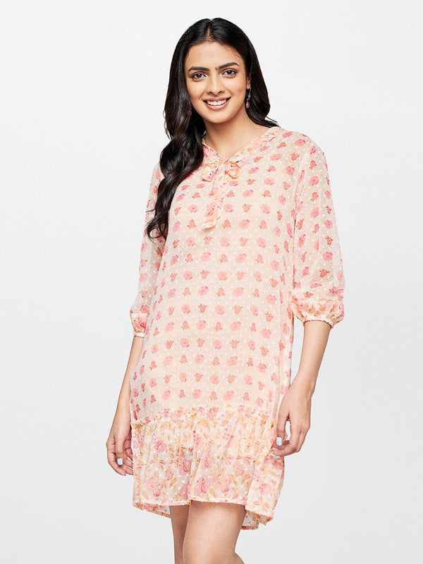 Global Desi Floral Printed Tie-Up Neck A-Line Dress