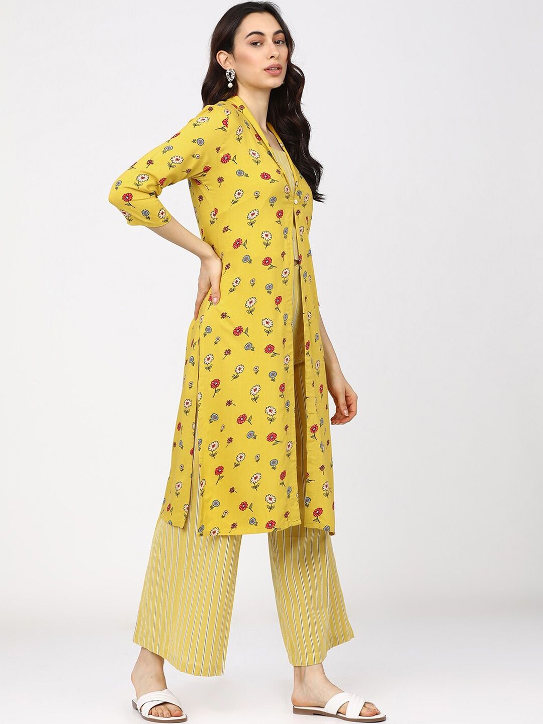 Vishudh Women Yellow Striped Regular Top with Palazzos & Jacket
