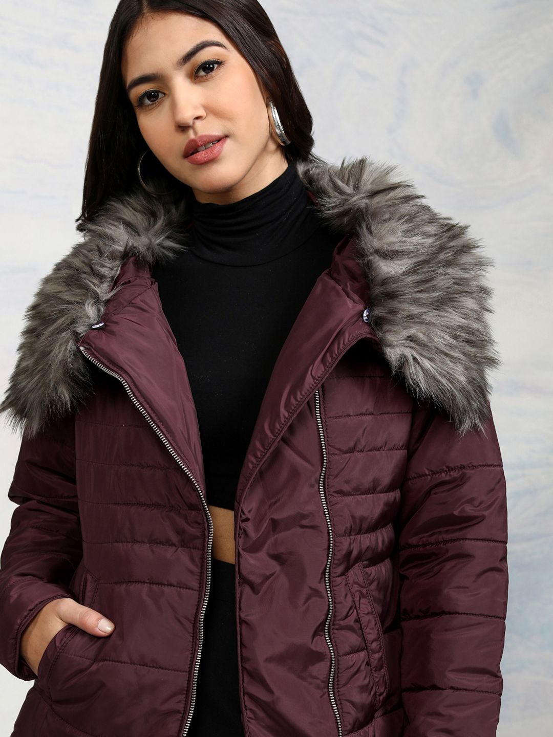 Tokyo Talkies Women Burgundy Solid Puffer Jacket