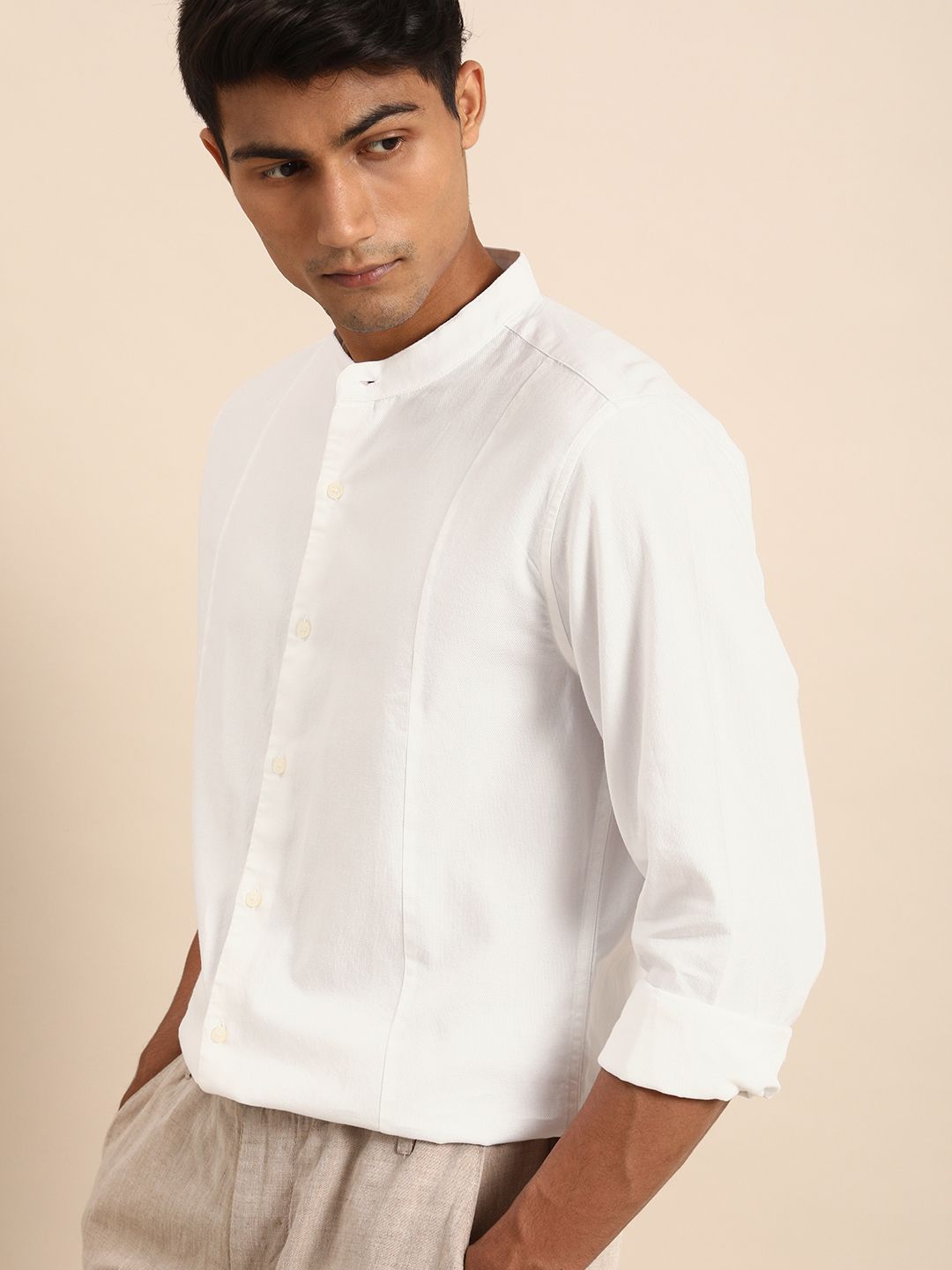 ether Men White Solid Mandarin Collar Casual Shirt