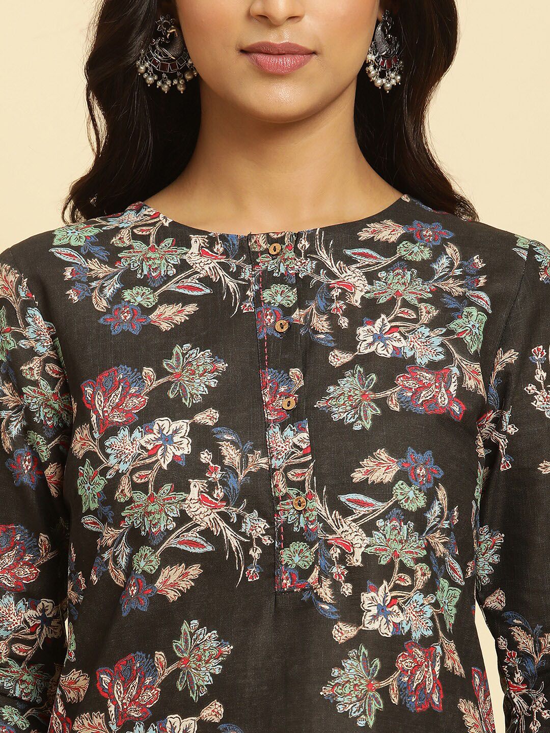 W Floral Printed Regular Pure Cotton Straight Kurta with Trousers