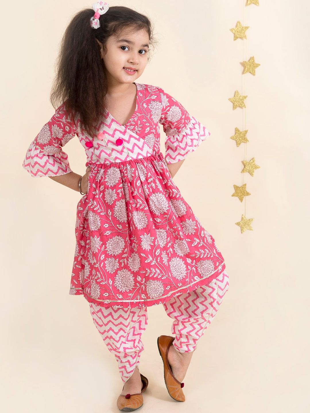 pspeaches Girls Pink Floral Striped Pure Cotton Kurti with Patiala
