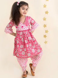 pspeaches Girls Pink Floral Striped Pure Cotton Kurti with Patiala