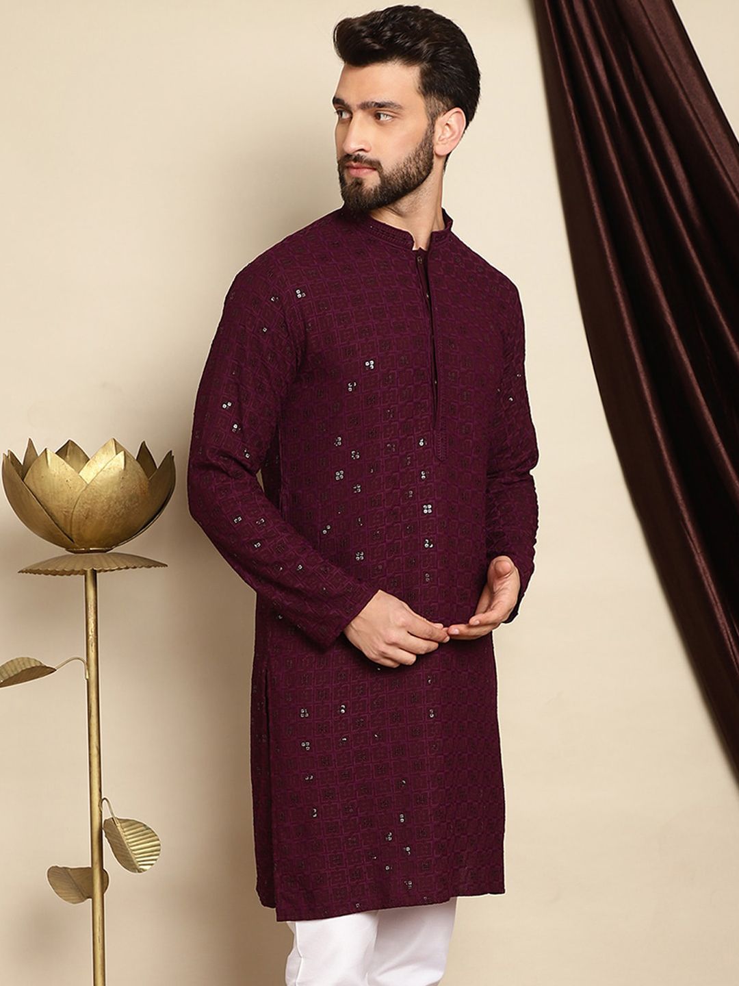 Anouk Burgundy Ethnic Motifs Embroidered Pure Cotton Sequined Straight Kurta