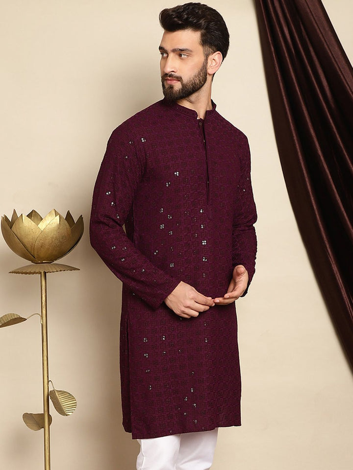 Anouk Burgundy Ethnic Motifs Embroidered Pure Cotton Sequined Straight Kurta