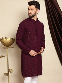 Anouk Burgundy Ethnic Motifs Embroidered Pure Cotton Sequined Straight Kurta