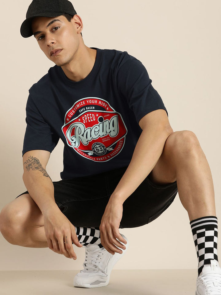 DILLINGER Men Navy Blue & Red Typography Printed Drop-Shoulder Sleeves Pure Cotton Oversized T-shirt
