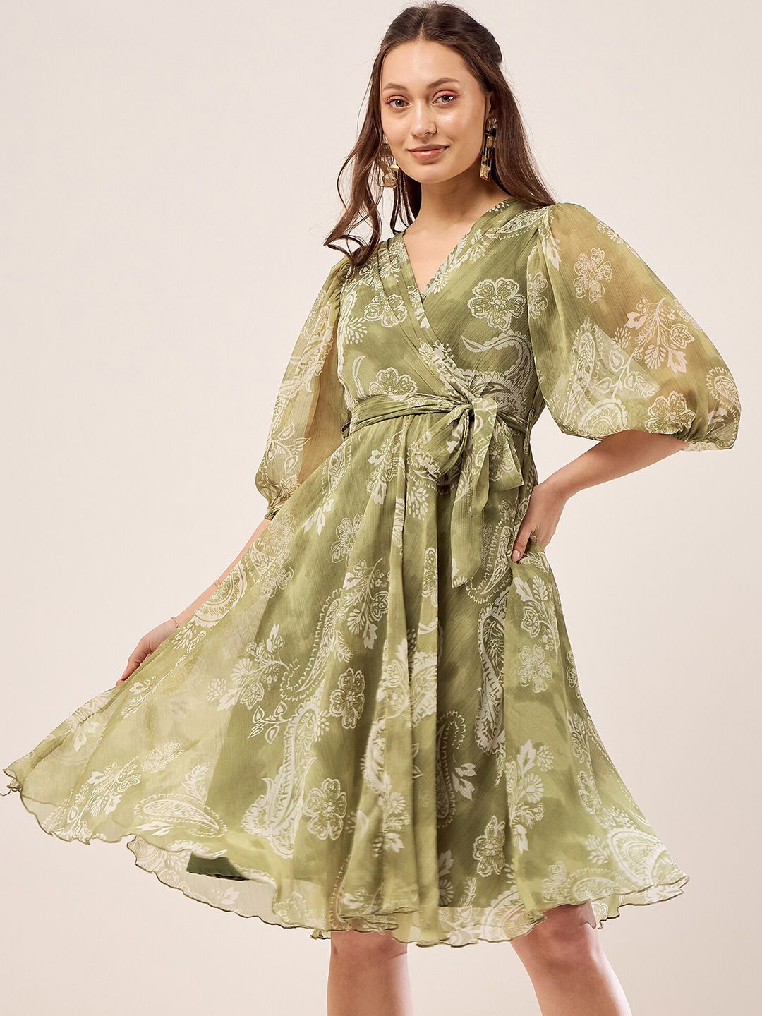 Antheaa Olive Green Floral Printed V-Neck Puff Sleeve Chiffon Wrap Dress