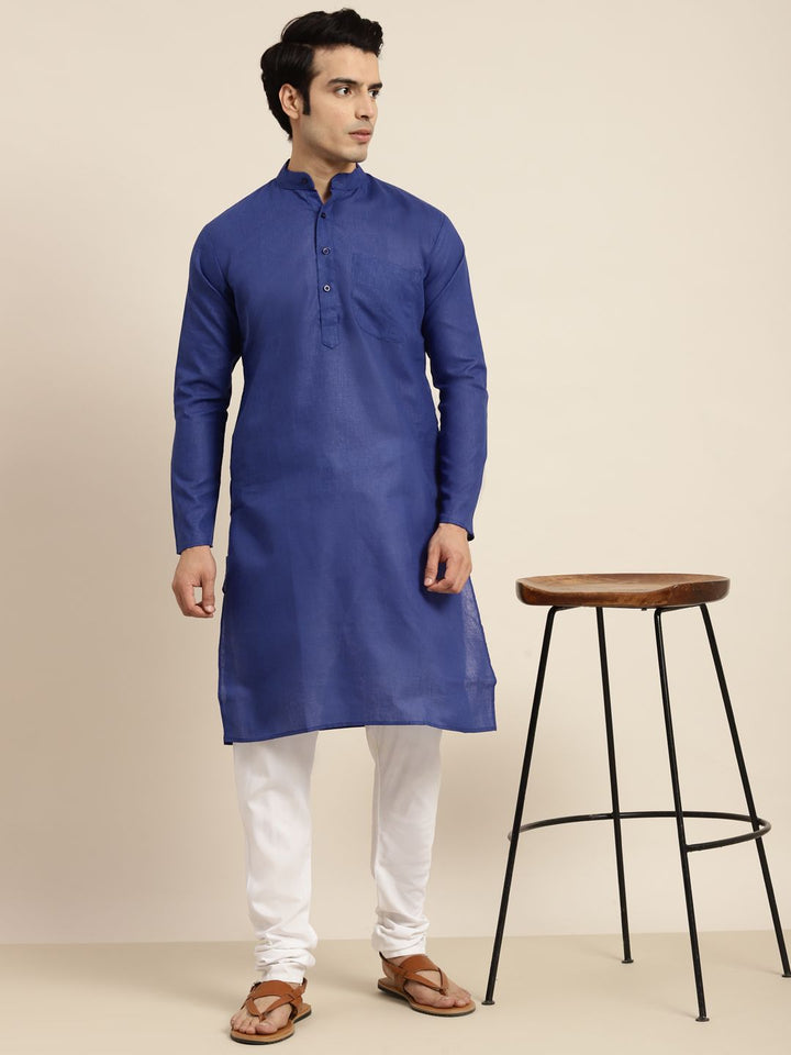 Anug by SOJANYA Men Blue Dobby Band Collar Kurta
