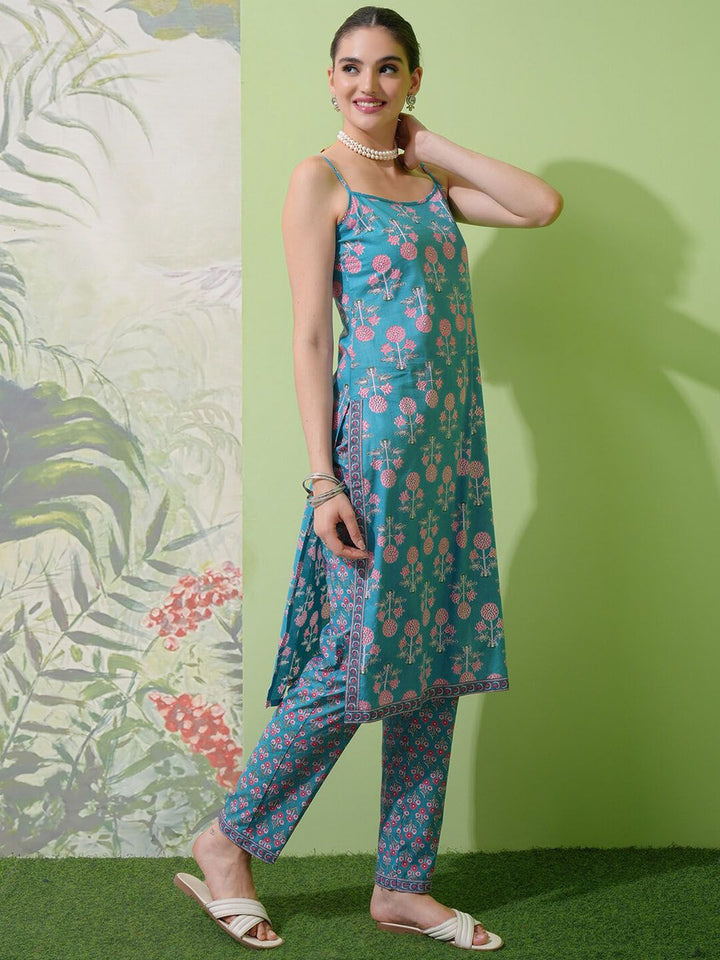 Vishudh Blue Floral Printed Pure Cotton Straight Kurta With Trousers & Dupatta