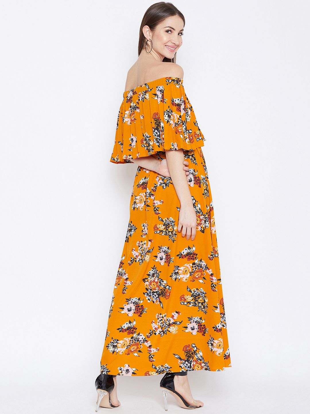 Berrylush Women Mustard Yellow & White Floral Printed Layered Maxi Dress